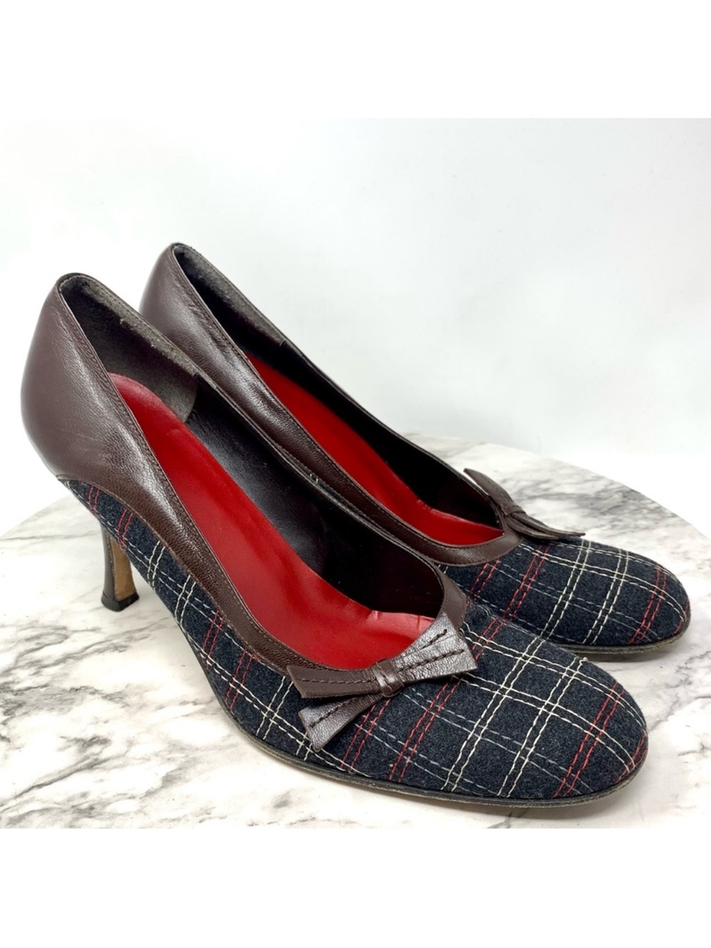 Isabella Fiori Tweed Wool Plaid Dainty Bow Brown And Gray Pumps 10 Classic Retro